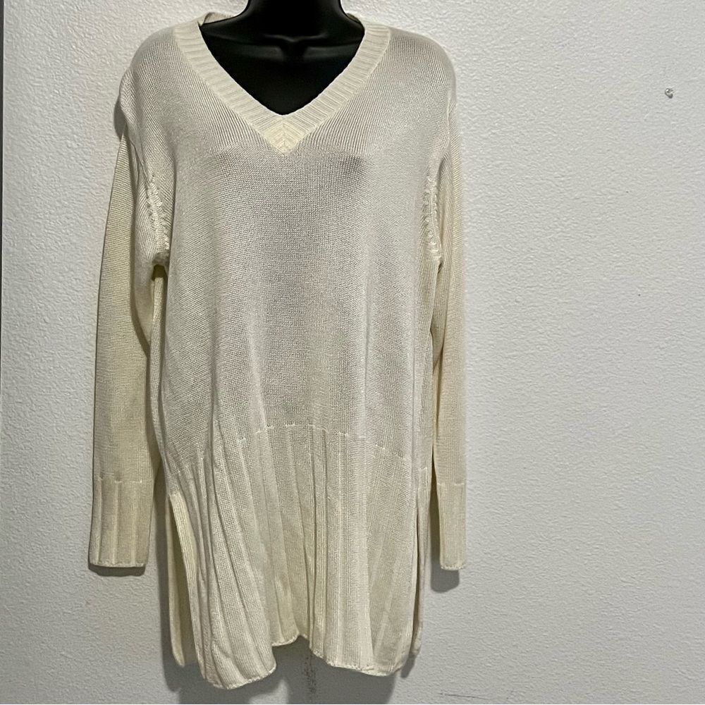 Vtg 80s 90s Spiegel Oversized V Neck Ivory Split Hem Ribbed Shine Sweater M